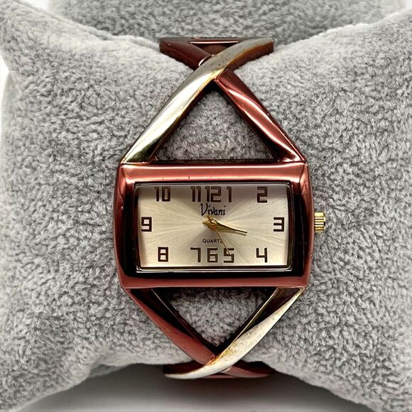 Vivani Women's Brown Gold Tone Square Face Analog Cuff Bracelet Watch Working - Picture 1 of 11
